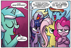 Size: 1020x688 | Tagged: safe, artist:agnesgarbowska, edit, idw, derpy hooves, fluttershy, lyra heartstrings, pinkie pie, rainbow dash, twilight sparkle, alicorn, pony, g4, spoiler:comic, spoiler:comic46, cheering, comic, cropped, crossed arms, female, gay old time, mare, speech bubble, twilight sparkle (alicorn)