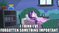 Size: 1920x1080 | Tagged: safe, edit, edited screencap, screencap, starlight glimmer, every little thing she does, g4, bed, caption, female, hourglass, image macro, meme, plant, solo, starlight bedridden, starlight's room, thousand yard stare, window