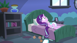 Size: 1920x1080 | Tagged: safe, artist:twilights-secret, edit, edited screencap, screencap, starlight glimmer, every little thing she does, g4, baby powder, bed, diaper, diaper edit, female, foal powder, hourglass, non-baby in diaper, on back, plant, solo, starlight bedridden, starlight's room, thousand yard stare, window