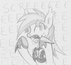 Size: 1003x921 | Tagged: artist needed, safe, oc, oc only, oc:vannie, bat pony, pony, armor, black and white, derp, eeee, fangs, female, grayscale, mare, monochrome, night guard, open mouth, screaming, skree, solo, tongue out, wide eyes