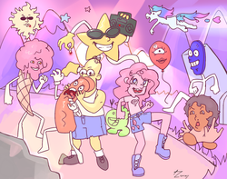 Size: 1440x1135 | Tagged: safe, artist:php93, pinkie pie, human, pony, unicorn, equestria girls, g4, my little pony equestria girls: legend of everfree, balloon, cigarette, context is for the weak, female, food, homer simpson, ice cream, male, meat, mindscape, sausage, sausage party, wat