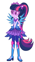 Size: 2000x3500 | Tagged: safe, artist:mixiepie, sci-twi, twilight sparkle, human, equestria girls, g4, my little pony equestria girls: legend of everfree, boots, clothes, crystal guardian, crystal wings, female, geode of telekinesis, glasses, grin, high heel boots, high res, magical geodes, pants, ponied up, ponytail, sci-twilicorn, shoes, simple background, sleeveless, smiling, solo, sparkles, transparent background, vector, wings