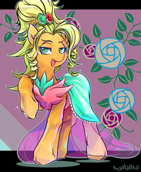 Size: 1200x1454 | Tagged: safe, artist:tyuubatu, applejack, earth pony, pony, g4, simple ways, alternate hairstyle, applejewel, bedroom eyes, clothes, dress, female, flower, open mouth, rose, solo