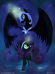 Size: 1200x1600 | Tagged: safe, artist:sweeterwho, nightmare moon, oc, oc:nyx, alicorn, pony, fanfic:past sins, g4, alicorn oc, dark, ethereal mane, fanfic art, female, filly, foal, glowing horn, horn, magic, mare, night, nightmare nyx, slit pupils, starry mane, two sides
