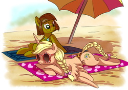 Size: 3507x2480 | Tagged: safe, artist:yulyeen, oc, oc only, oc:pamela jane, oc:plain jane, alicorn, pony, alicorn oc, beach, bikini, clothes, commission, glasses, high res, sisters, swimsuit, tanning, umbrella