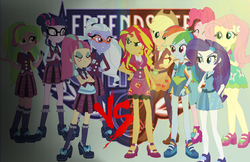 Size: 1024x662 | Tagged: artist needed, safe, applejack, fluttershy, lemon zest, pinkie pie, rainbow dash, rarity, sci-twi, sour sweet, sugarcoat, sunset shimmer, twilight sparkle, equestria girls, g4, my little pony equestria girls: friendship games, clothes, crystal prep academy uniform, crystal prep shadowbolts, high heels, mary janes, pleated skirt, school uniform, shoes, skirt, sneakers, socks, wondercolts