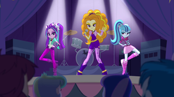 Size: 1280x714 | Tagged: safe, adagio dazzle, aria blaze, sonata dusk, equestria girls, g4, my little pony equestria girls: rainbow rocks, evil smile, grin, microphone, smiling, the dazzlings, under our spell