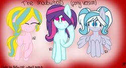 Size: 1800x980 | Tagged: safe, artist:kathythegoth, lemon zest, sugarcoat, sunny flare, earth pony, pegasus, equestria girls, g4, equestria girls ponified, eyes closed, floppy ears, looking up, ponified, shadowbolts, smiling