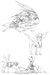 Size: 1200x1797 | Tagged: safe, artist:baron engel, oc, oc only, oc:blood feather, oc:phoenix, oc:quick silver, earth pony, griffon, pegasus, pony, unicorn, clothes, female, goggles, katar, maid, male, mare, monochrome, pencil drawing, punch, sketch, stallion, traditional art