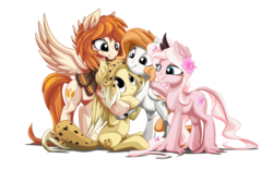 Size: 2560x1600 | Tagged: safe, artist:mysticalpha, artist:xsidera, oc, oc only, oc:arvensis, oc:chocolate chip, oc:weary blossom, food pony, original species, pegasus, pony, clothes, colored wings, colored wingtips, female, flower, flower in hair, food, group, hug, jewelry, mare, scarf, yin-yang
