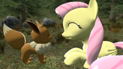 Size: 1920x1080 | Tagged: safe, artist:iownu142, fluttershy, eevee, g4, 3d, cute, pokémon, shyabetes, source filmmaker