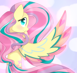 Size: 1000x960 | Tagged: dead source, safe, artist:ultrard, fluttershy, pegasus, pony, g4, blushing, colored pupils, cute, female, heart eyes, hoof on chin, looking at you, looking back, mare, rainbow power, shyabetes, solo, spread wings, wingding eyes