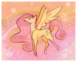 Size: 620x500 | Tagged: safe, artist:flickex, fluttershy, g4, abstract background, female, signature, solo, spread wings