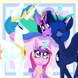Size: 1500x1500 | Tagged: safe, artist:dragonpone, derpibooru exclusive, princess cadance, princess celestia, princess luna, twilight sparkle, alicorn, pony, alicorn tetrarchy, animated, bell, big crown thingy, cat bell, chest fluff, ear fluff, eye shimmer, eyes closed, female, gif, hammerspace hair, jewelry, levitation, magic, music notes, prehensile mane, regalia, smiling, spread wings, telekinesis, tongue out, twilight sparkle (alicorn)