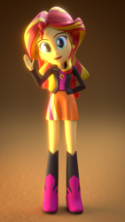 Size: 756x1344 | Tagged: safe, artist:creatorofpony, artist:jarg1994, sunset shimmer, equestria girls, g4, 3d, 3d model, blender, boots, clothes, female, jacket, leather jacket, open mouth, skirt, solo, sunset shimmer's skirt, waving