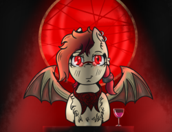 Size: 1300x1000 | Tagged: safe, artist:lazerblues, oc, oc only, oc:copperwine, bat pony, pony, chest fluff, ear piercing, glasses, neckerchief, piercing, solo, wine glass