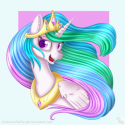 Size: 700x700 | Tagged: safe, artist:swanlullaby, princess celestia, alicorn, pony, g4, abstract background, bust, colored pupils, female, jewelry, open mouth, portrait, regalia, smiling, solo