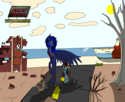 Size: 7300x6000 | Tagged: safe, artist:derpanater, oc, oc only, oc:prism paint, oc:star charter, alicorn, earth pony, pony, fallout equestria, absurd resolution, boat, brick, brick wall, bricks, cloud, commission, cover, dead bush, dead tree, digital art, fanfic art, ocean, road, rock, saddle bag, scarred, shading, shadows, sign, sun, tree