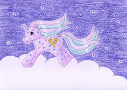 Size: 1024x721 | Tagged: safe, artist:normaleeinsane, dazzleglow, pony, g1, cloud, female, glow 'n show ponies, solo, stars, traditional art