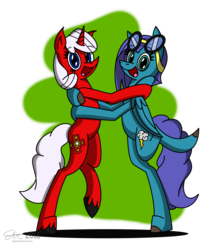 Size: 2200x2473 | Tagged: safe, artist:derpanater, oc, oc only, oc:bluesky, oc:ruby starlight, pegasus, pony, unicorn, fallout equestria, fallout equestria: wasteland jewel, commission, cute, cutie mark, digital art, goggles, happy, high res, hug, looking at you, simple background, smiling, standing, standing on one leg