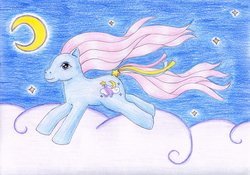 Size: 1024x717 | Tagged: safe, artist:normaleeinsane, dream blue, g3, cloud, female, moon, solo, stars, traditional art