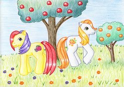 Size: 1024x720 | Tagged: safe, artist:normaleeinsane, apple spice, citrus sweetheart, g3, apple, flower, food, orange, traditional art, tree