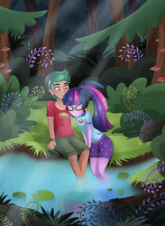 Size: 3300x4500 | Tagged: safe, artist:scarlet-spectrum, sci-twi, timber spruce, twilight sparkle, equestria girls, legend of everfree, absurd resolution, blushing, bush, camp everfree outfits, cargo shorts, clothes, crepuscular rays, cute, denim shorts, everfree forest, eyes closed, feet in water, female, forest, glasses, grass, green eyes, green hair, in love, male, multicolored hair, mushroom, pond, ponytail, rock, shipping, shirt, shorts, sitting, sitting on ground, straight, t-shirt, timbertwi, tomboy, tree, water