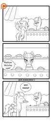 Size: 1300x3000 | Tagged: safe, artist:foxbeast, boulder (g4), maud pie, soarin', earth pony, pony, comic:pie love, g4, comic, food, heart eyes, monochrome, mouth hold, pie, spread wings, that pony sure does love pies, wingding eyes