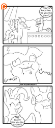 Size: 1300x3000 | Tagged: safe, artist:foxbeast, boulder (g4), maud pie, pinkie pie, soarin', earth pony, pony, comic:pie love, g4, comic, floppy ears, monochrome, pie, that pony sure does love pies, wavy mouth