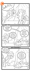 Size: 1300x3000 | Tagged: safe, artist:foxbeast, applejack, pinkie pie, soarin', pony, comic:pie love, g4, comic, crying, monochrome, on back, pie, stomach ache, stomach growl, stomach noise, swallowing, tears of pain, that pony sure does love pies
