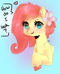 Size: 1300x1600 | Tagged: safe, artist:juxtaposefire, fluttershy, g4, alternate hairstyle, bust, colored hooves, colored pupils, female, flower, flower in hair, gradient background, open mouth, raised hoof, solo, speech bubble, talking to viewer