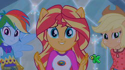 Size: 1795x1002 | Tagged: safe, screencap, applejack, rainbow dash, sunset shimmer, equestria girls, g4, my little pony equestria girls: legend of everfree, cute, dashabetes, discovery kids, female, jackabetes, ponied up, shimmerbetes