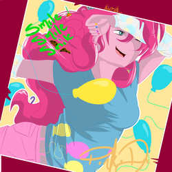Size: 1800x1800 | Tagged: safe, artist:helgabuttercup, pinkie pie, earth pony, anthro, g4, arm warmers, clothes, female, shirt, solo