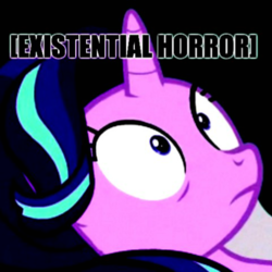 Size: 1366x1366 | Tagged: safe, edit, edited screencap, screencap, starlight glimmer, pony, every little thing she does, g4, caption, existential crisis, female, mare, meme, solo, wide eyes