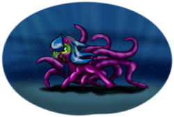 Size: 2552x1722 | Tagged: safe, artist:alazak, artist:mlpglitterbones, oc, oc only, monster pony, octopony, original species, pony, cross-popping veins, glowing eyes, solo, tentacles, underwater