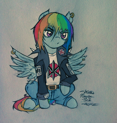 Size: 1892x1992 | Tagged: safe, artist:walliscolours, rainbow dash, g4, black flag, clothes, dead kennedys, ear piercing, earring, female, jewelry, minor threat, patch, piercing, punk, punk rock in the comments, rebel, solo, traditional art, union jack, wing piercing