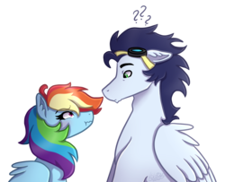 Size: 1839x1493 | Tagged: safe, artist:monnarcha, rainbow dash, soarin', pegasus, pony, g4, 30 day otp challenge, duo, male, question mark, scrunchy face, ship:soarindash, shipping, simple background, straight, transparent background, wavy mouth