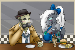 Size: 1080x720 | Tagged: safe, artist:deltafairy, oc, oc only, oc:beta beats, original species, robot, robot pony, anthro, anthro oc, canon x oc, commission, date, date night, digital art, diner, dinner, fallout, fallout 4, female, finished commission, food, male, nick valentine, shipping