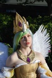 Size: 1000x1504 | Tagged: safe, artist:littlemissbloo, princess celestia, human, g4, bare shoulders, clothes, cosplay, costume, irl, irl human, photo, solo