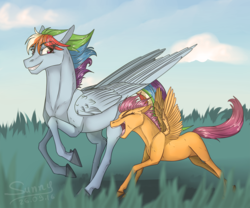Size: 1000x833 | Tagged: safe, artist:sunny way, rainbow dash, scootaloo, horse, pony, rcf community, g4, duo, feather, female, grass, horsified, mare, running, scootalove, sky, wings