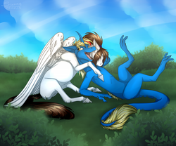 Size: 900x750 | Tagged: safe, artist:sunny way, oc, oc only, oc:alirfesta, oc:alirfesta felastis, oc:festa, oc:sunny way, dracony, horse, hybrid, rcf community, blue, colored, cute, feather, feels, female, grass, green, horsified, hug, lovely, old, paws, redraw, sky, smiling, wings