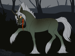 Size: 1000x746 | Tagged: safe, artist:sunny way, oc, oc only, oc:swan song, horse, pony, unicorn, rcf community, angry, creepy, forest, horsified, open mouth, patreon reward, scary, solo
