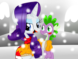 Size: 1600x1200 | Tagged: safe, artist:lovehtf421, rarity, spike, g4, clothes, lipstick, male, ship:sparity, shipping, snow, snowfall, straight