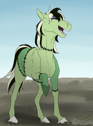 Size: 734x1000 | Tagged: safe, artist:sunny way, oc, oc only, oc:spare parts, earth pony, horse, pony, zombie, rcf community, blue, colored, female, green, horsified, laughing, lineart, patreon reward, sky, smiling, solo, unshorn fetlocks