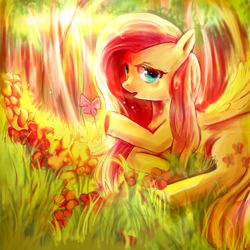 Size: 1100x1100 | Tagged: safe, artist:foresart, fluttershy, butterfly, g4, female, flower, forest, prone, solo