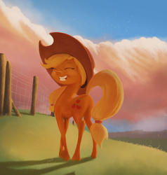 Size: 1583x1660 | Tagged: safe, artist:starblaze25, applejack, earth pony, pony, g4, applebutt, butt, cute, female, jackabetes, plot, smiling, solo, younger