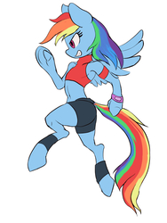 Size: 576x768 | Tagged: safe, artist:grissaecrim, rainbow dash, pony, semi-anthro, g4, belly button, clothes, female, jogging, midriff, short shirt, solo, workout outfit