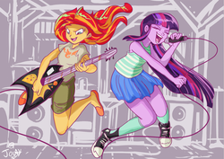 Size: 924x653 | Tagged: safe, artist:jowyb, sunset shimmer, twilight sparkle, equestria girls, g4, clothes, converse, electric guitar, eyes closed, guitar, metal, microphone, musical instrument, open mouth, pleated skirt, rock (music), ship:sunsetsparkle, shipping, shoes, shorts, singing, skirt, slippers, sneakers, socks, sunset shredder, twilight sparkle (alicorn)