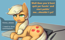 Size: 2400x1500 | Tagged: dead source, safe, artist:captainpudgemuffin, applejack, earth pony, pony, g4, applecat, behaving like a cat, captainpudgemuffin is trying to murder us, cheek fluff, chest fluff, cute, dialogue, female, jackabetes, offscreen character, on side, open mouth, pony pet, prone, sassy, silly, silly pony, solo, speech bubble, table, tablet, who's a silly pony