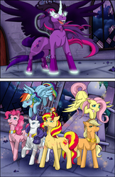 Size: 792x1224 | Tagged: safe, artist:stoneyashes, applejack, fluttershy, pinkie pie, rainbow dash, rarity, sunset shimmer, twilight sparkle, pony, equestria girls, g4, alternate mane six, alternate timeline, corrupted, elements of harmony, equestria girls ponified, mane six, midnight sparkle, ponified, role reversal, watermark